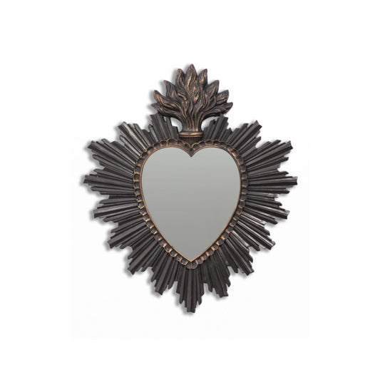 Decorative mirror with heart shape and sunburst frame on a white background