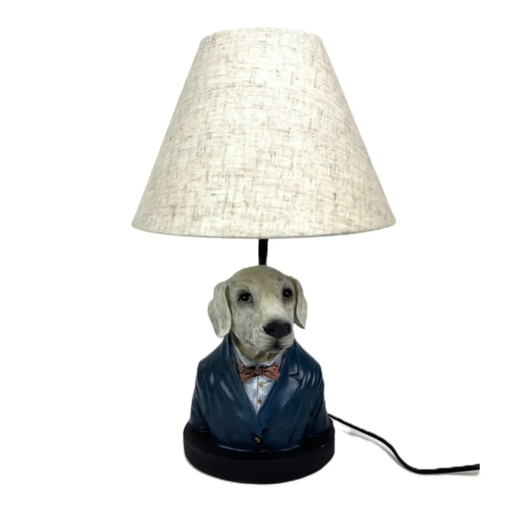 Dog-shaped lamp with a white shade on a white background
