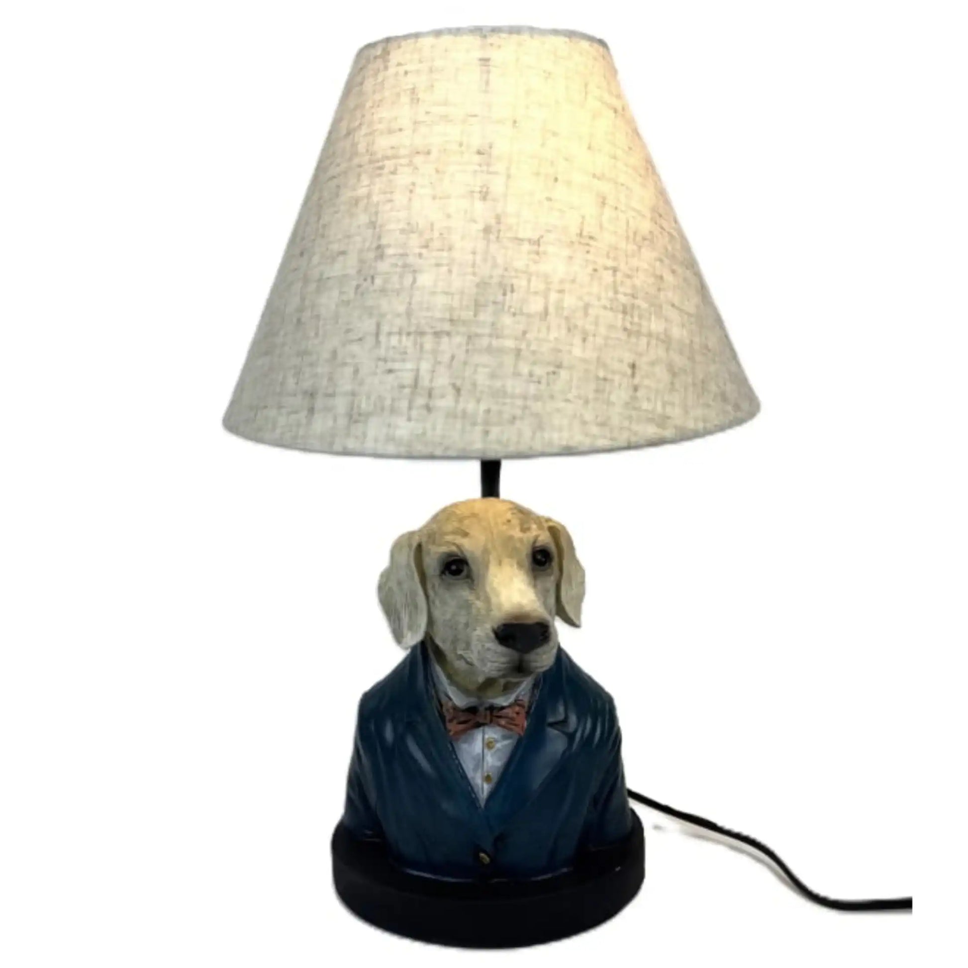 Dog-shaped lamp with a white shade on a white background