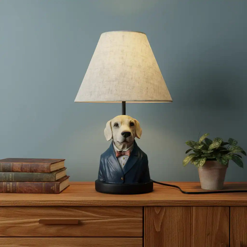 Dog-shaped lamp on a wooden surface with books and a plant against a gray wall.