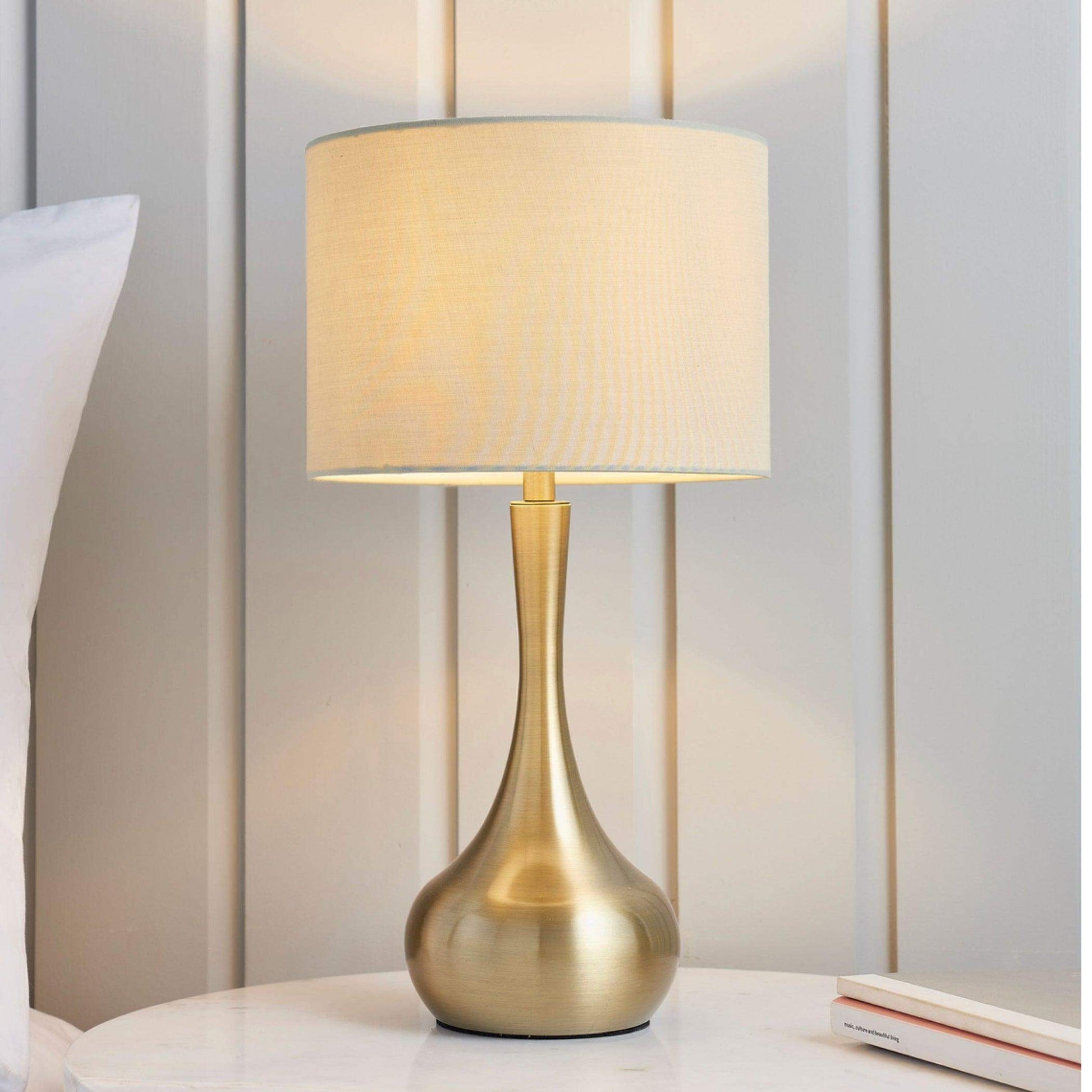 Soft Brass Metal Table Lamp & Taupe Shade - The Farthing