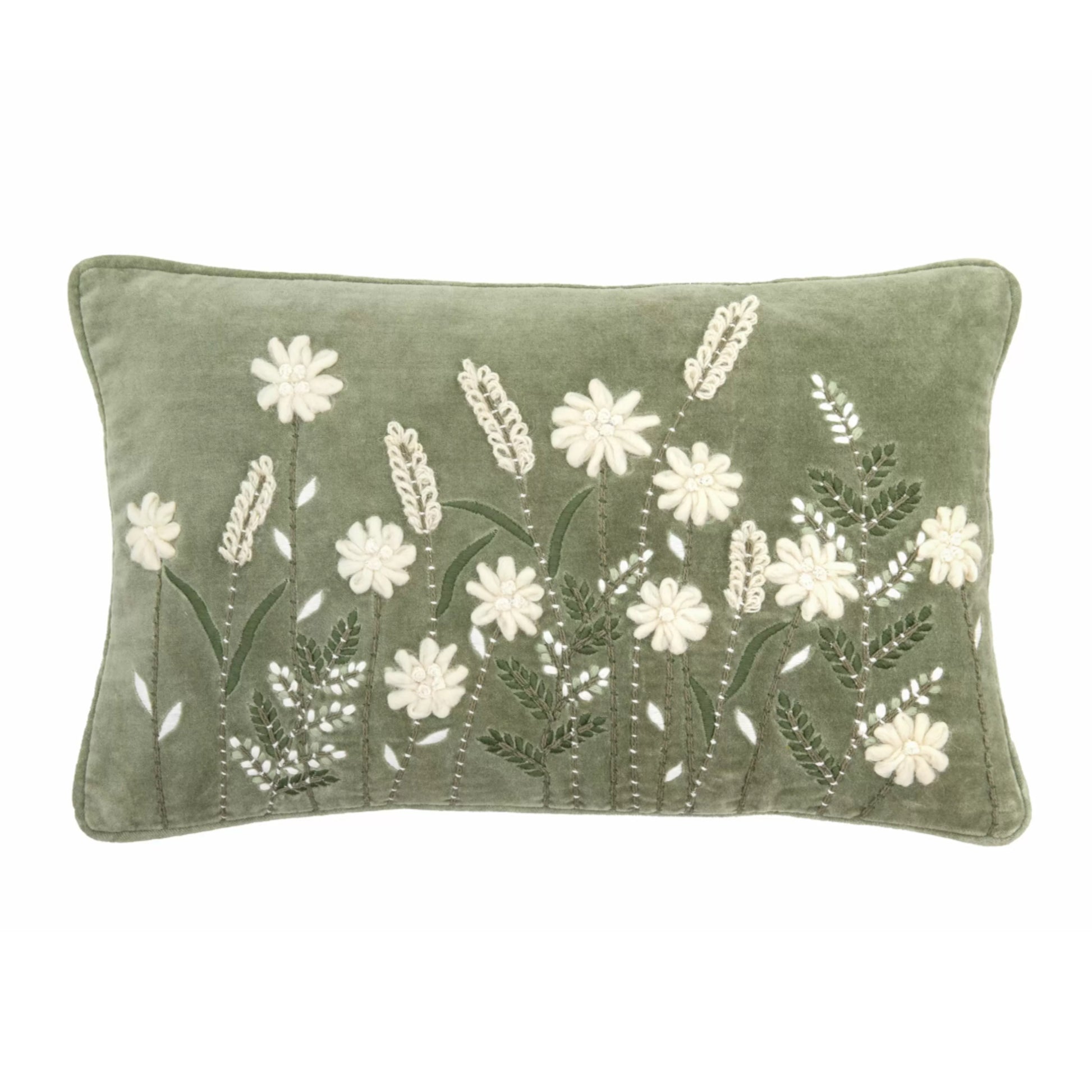 Soft Sage Embroidered Floral Cushion