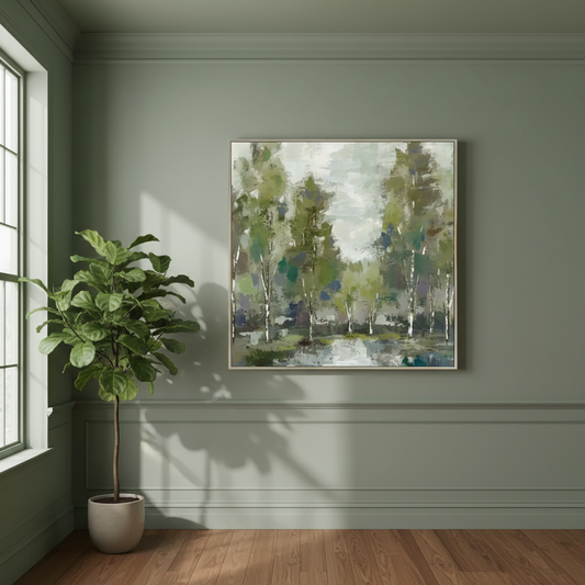 Room interior with a painting of trees on the wall, a potted plant, and a window.