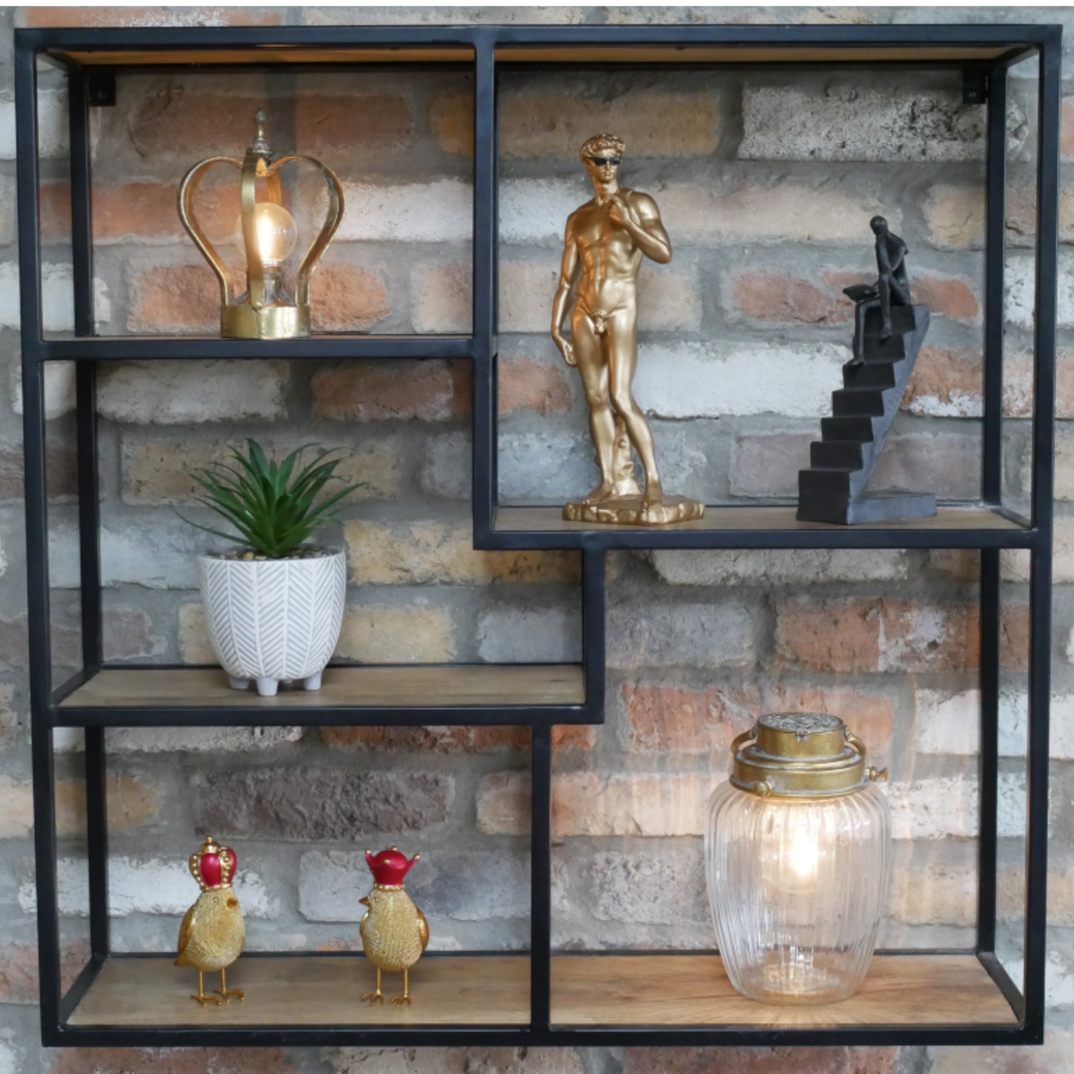 Square Metal and Wood Industrial Wall Shelf Unit