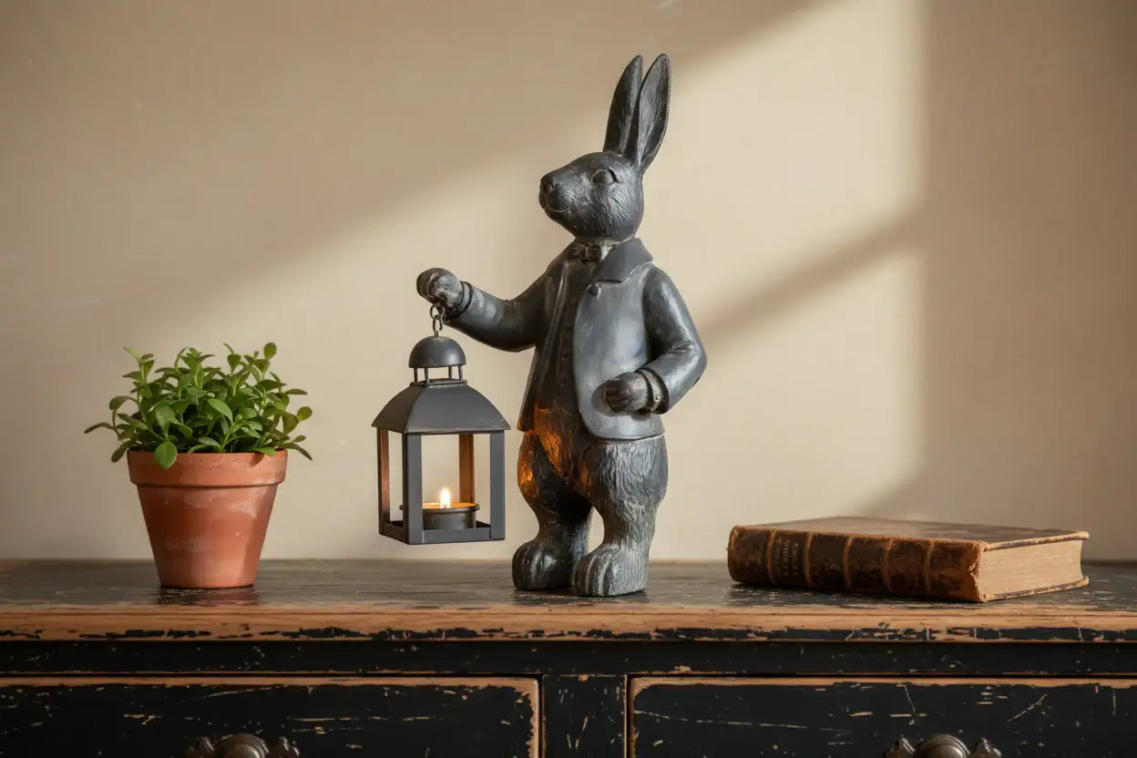 Decorative rabbit figurine with a lantern, potted plant, and book on a wooden surface.