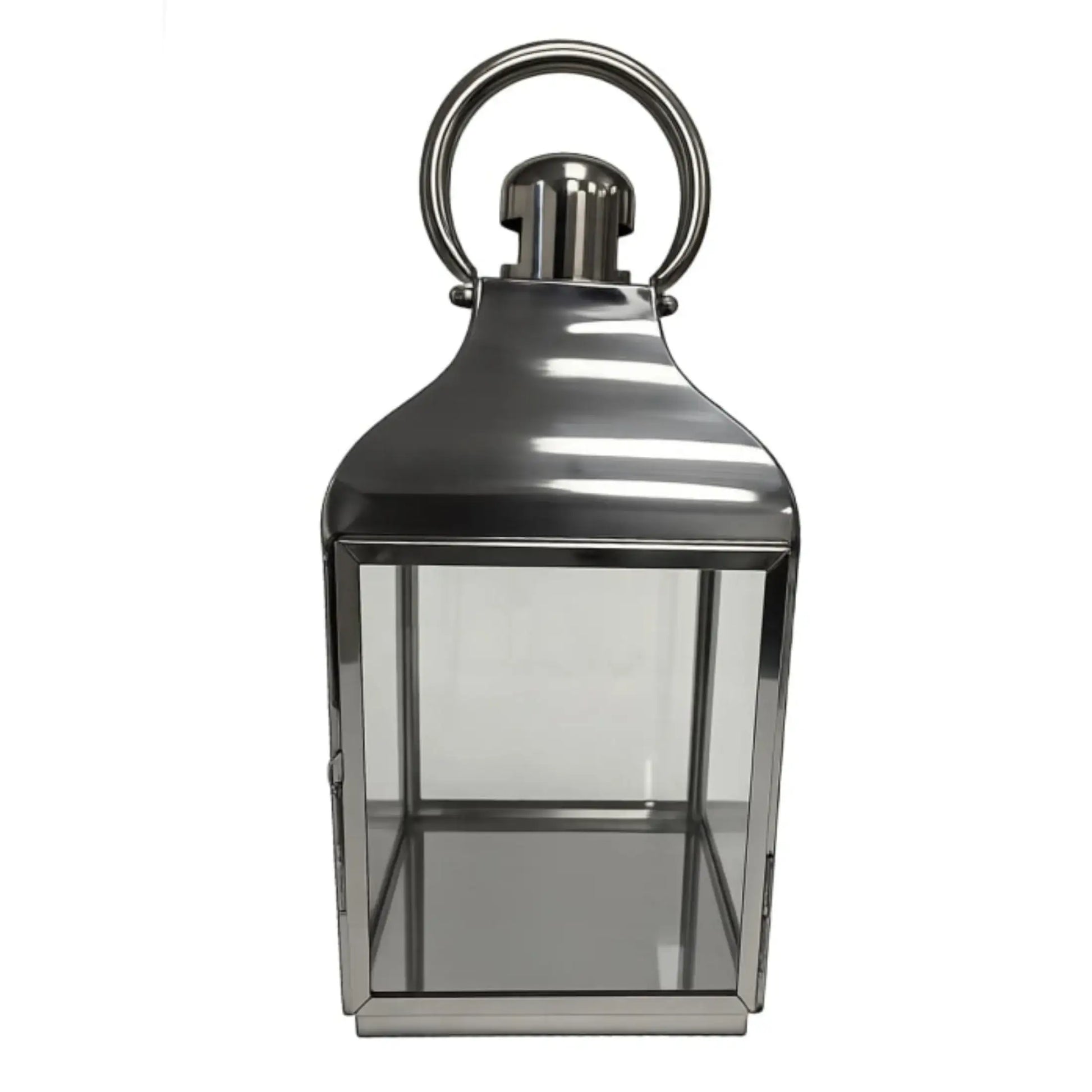 Silver lantern with a clear glass front on a white background