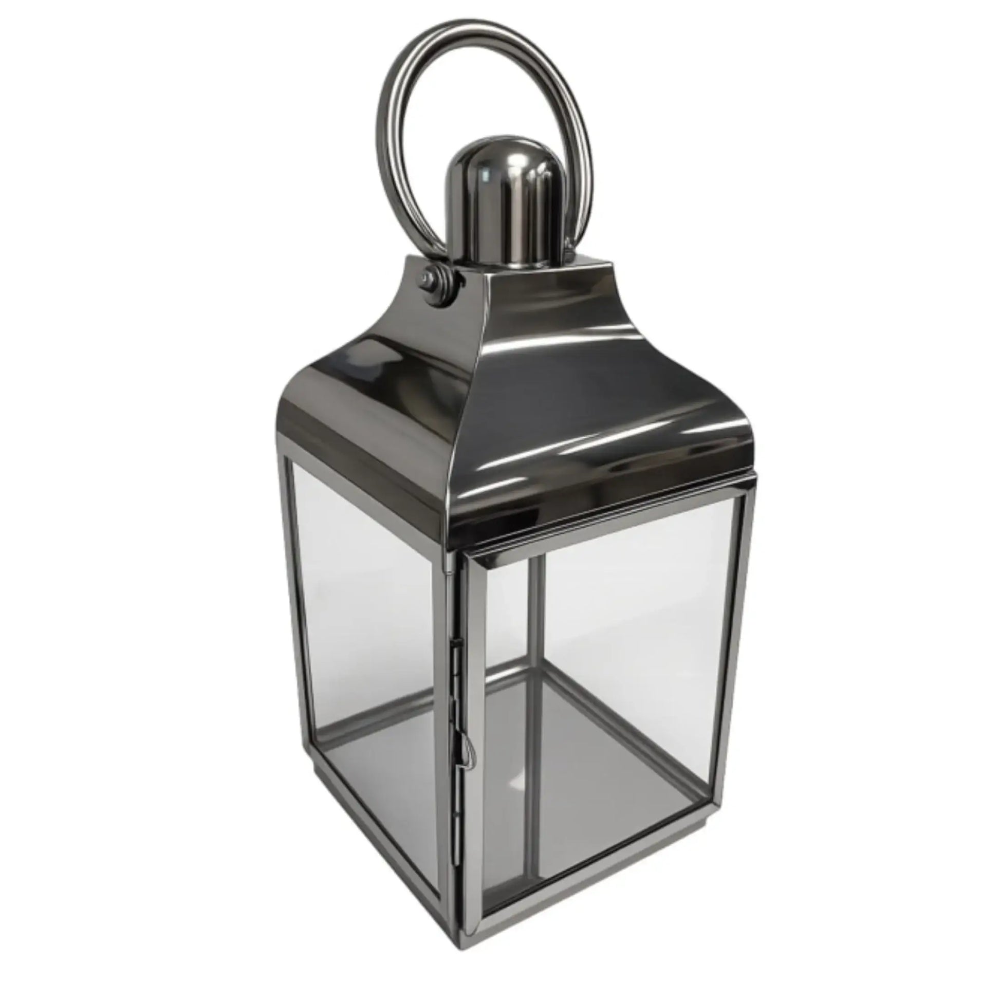 Silver lantern with a clear glass design on a white background