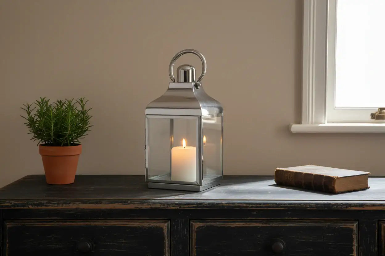 Silver lantern with a candle on a wooden surface next to a potted plant and a book.