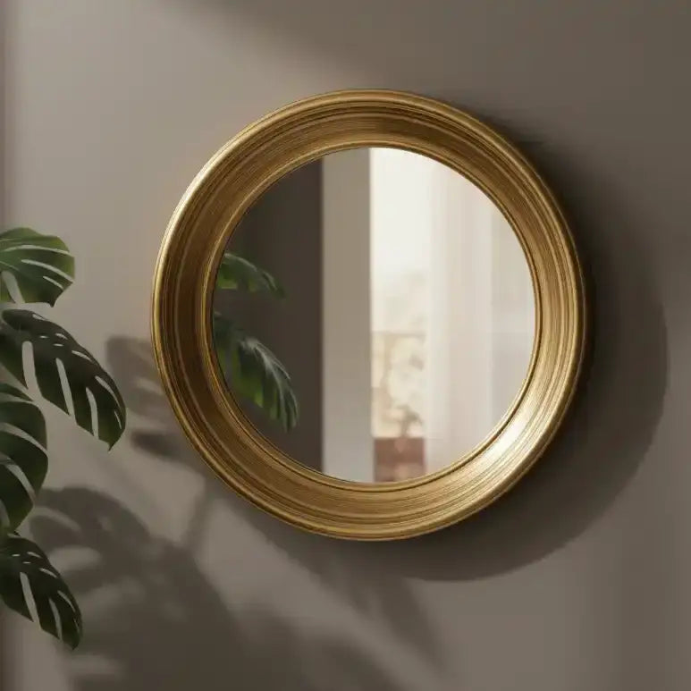 Round gold-framed mirror on a wall with a plant to the left