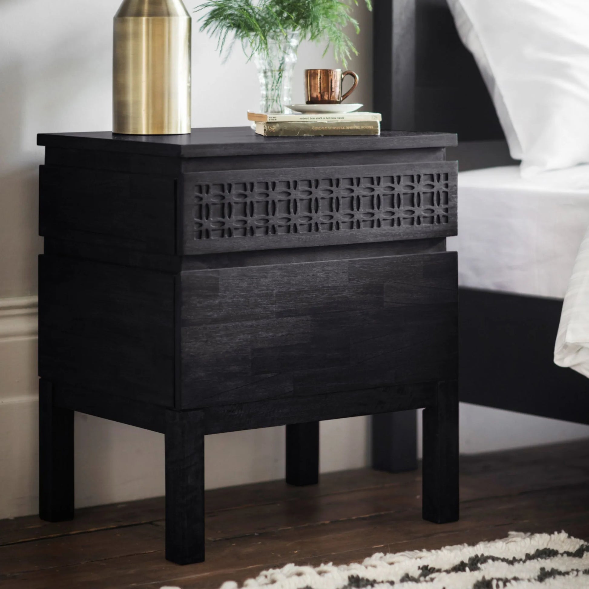 Stylish Black 2 Drawer Bedside Table