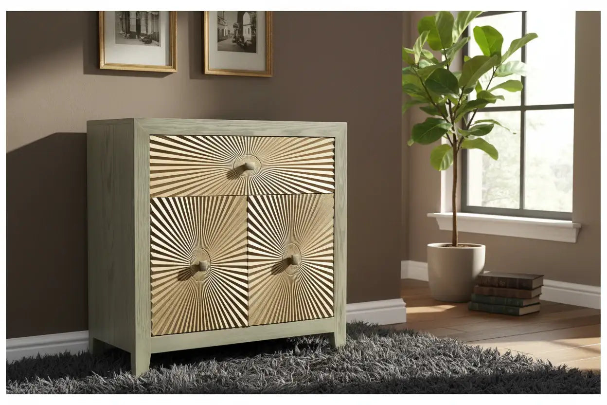 Decorative cabinet with sunburst pattern in a room with a plant and books.