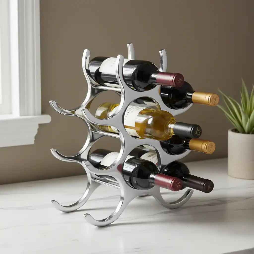 Silver wine rack holding multiple bottles on a white surface with a neutral background
