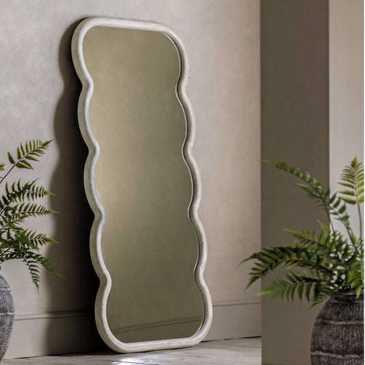 Tall Aged White Wavy Edge Leaner Mirror