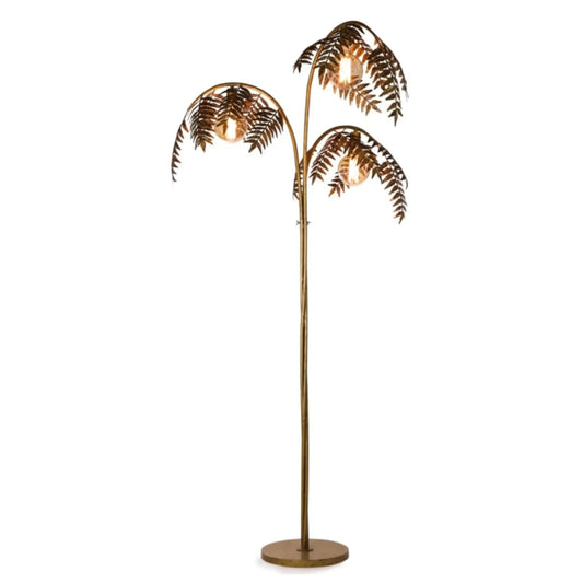 Decorative floor lamp with leaf-like design on a white background