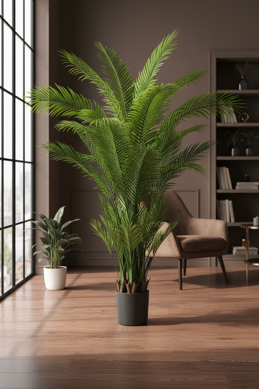 Large potted plant in a modern living room with wooden floor and bookshelf.
