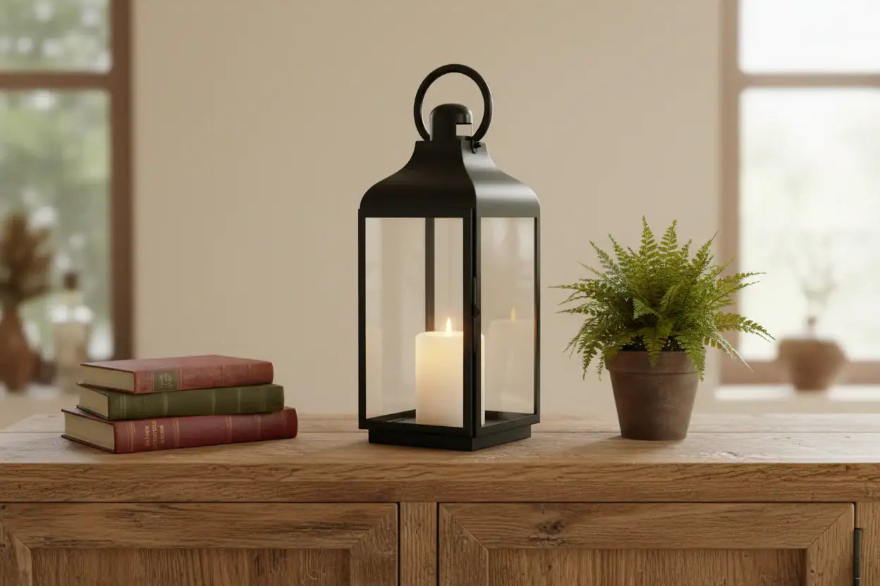 Black lantern with a candle on a wooden table next to books and a potted plant.