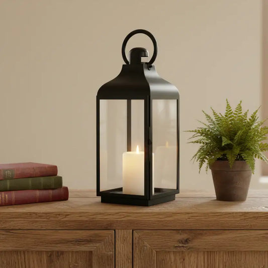 Black lantern with a lit candle on a wooden surface next to books and a potted plant.