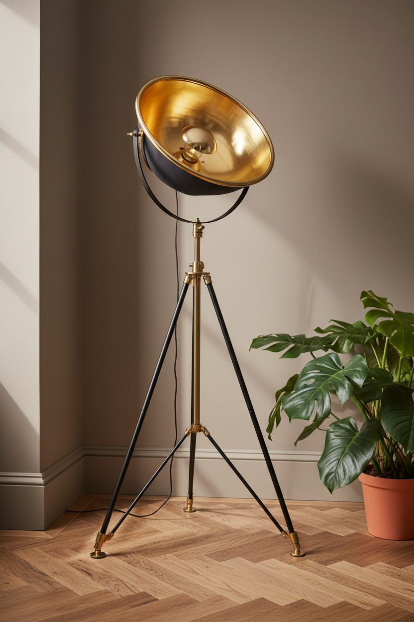 Tall Black & Brass Tripod Searchlight Floor Lamp 44