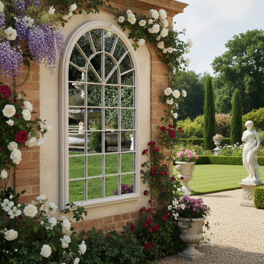 Arched window-style mirror on a brick wall