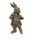 Bronze statue of a rabbit in a suit on a white background