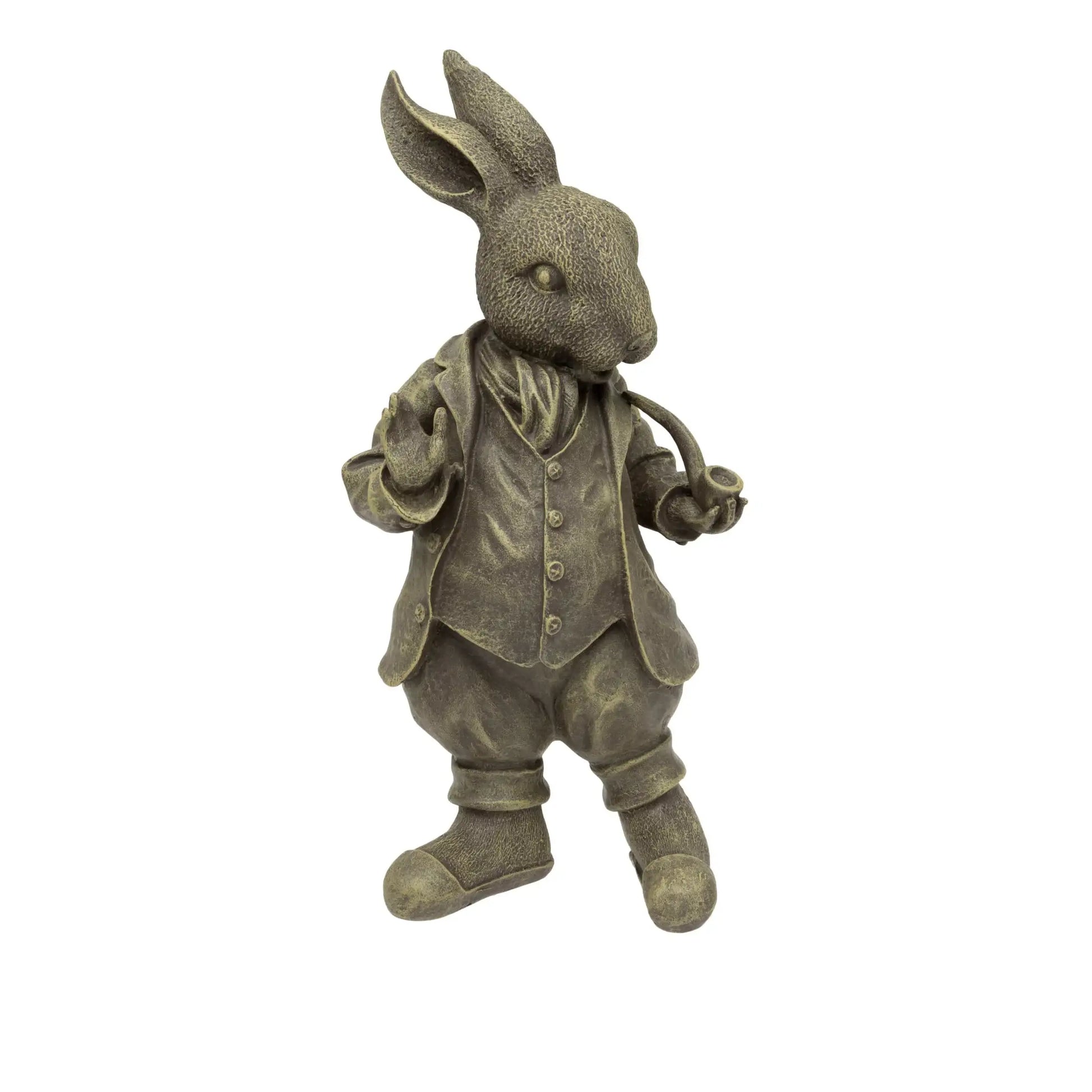Bronze statue of a rabbit in a suit on a white background