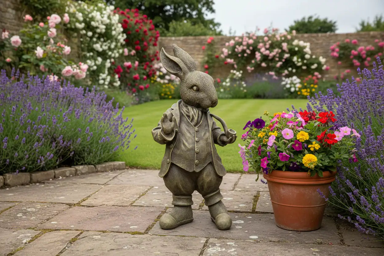 Statue of a rabbit in a garden with flowers and lavender
