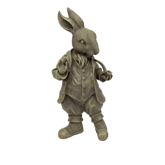 Bronze statue of a rabbit in a suit on a white background