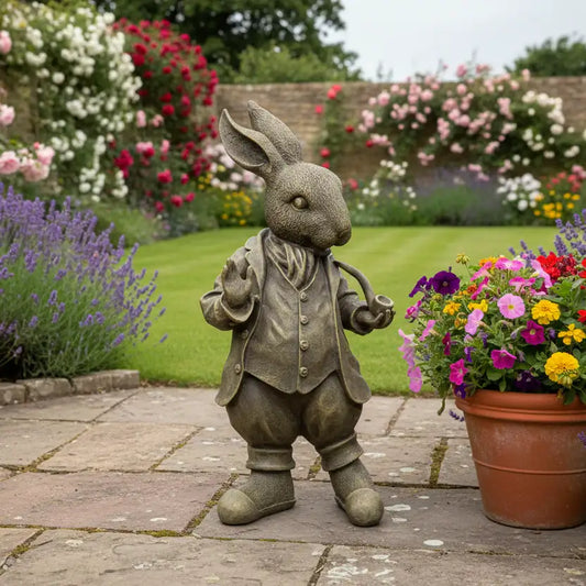 Statue of a rabbit in a garden with flowers and plants