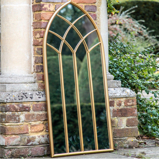 Tall Gold Arched Outdoor Garden Wall Mirror - The Farthing