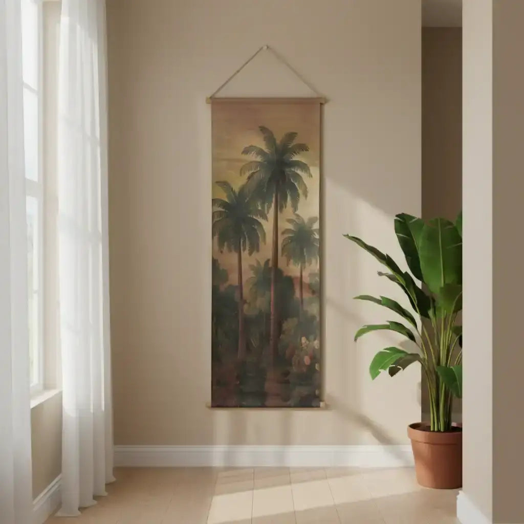 Tropical palm tree mural hanging on a wall with a potted plant beside it.