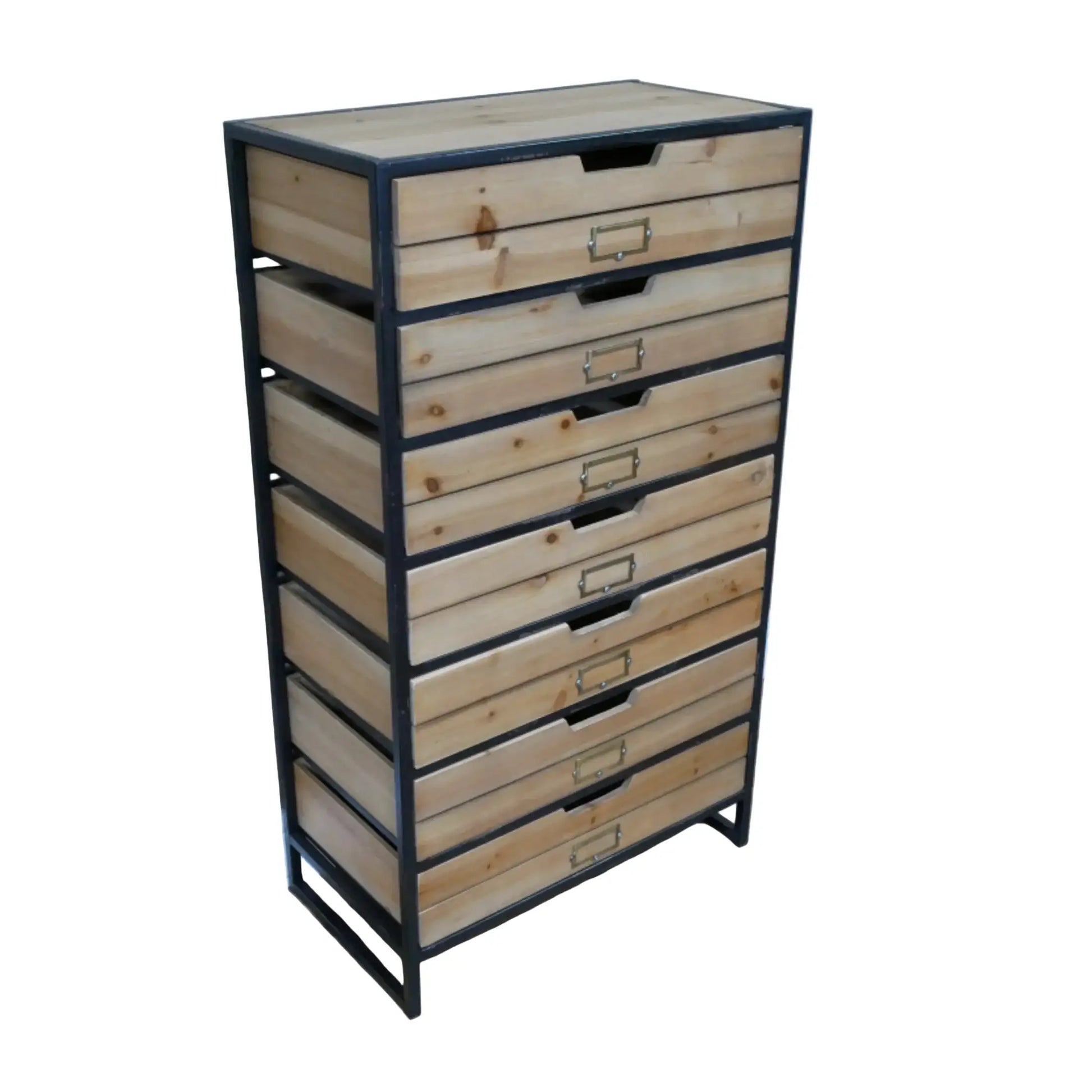 Wooden drawer unit with metal frames against a gray wall.