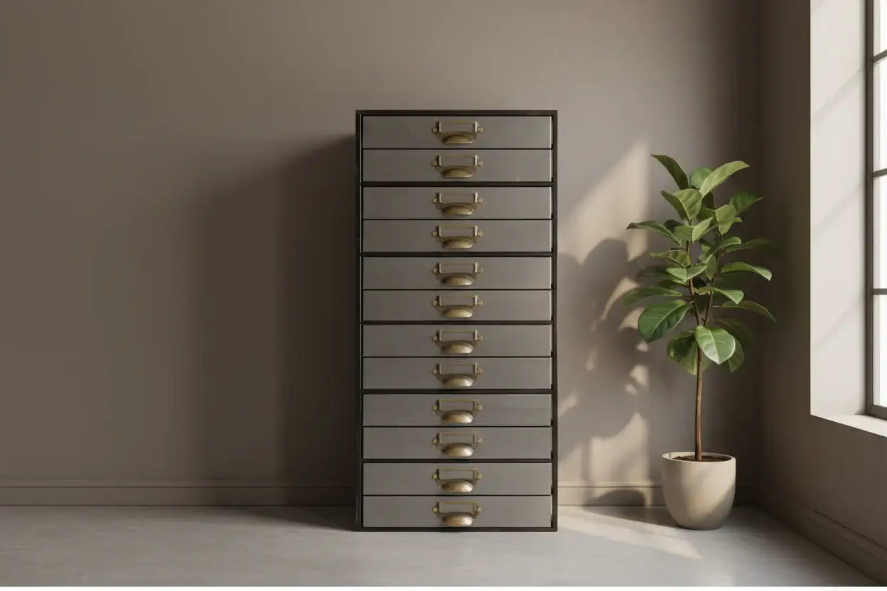Tall gray dresser with gold handles in a room with a plant and window.