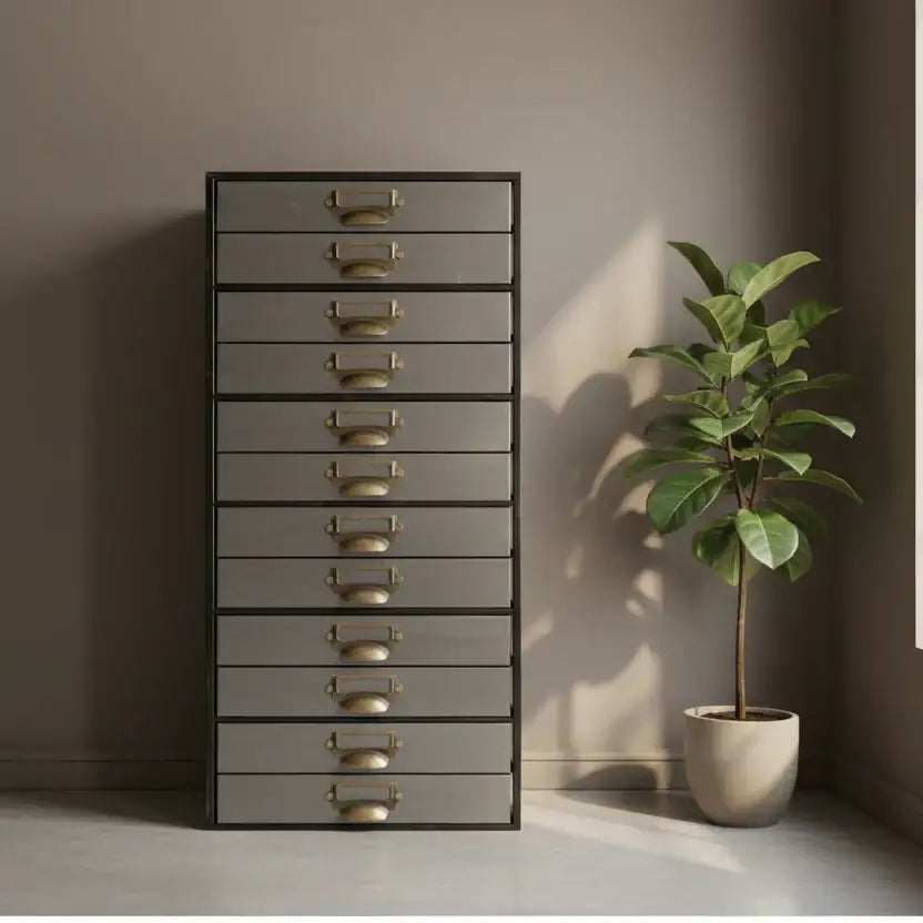 Tall dark gray drawer unit with gold handles next to a potted plant against a neutral wall.