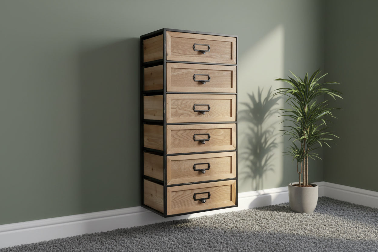 Wooden drawer unit with black metal frames and handles on a gray carpet.