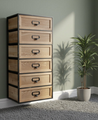 Wooden drawer unit with black frames against a green wall with a plant.