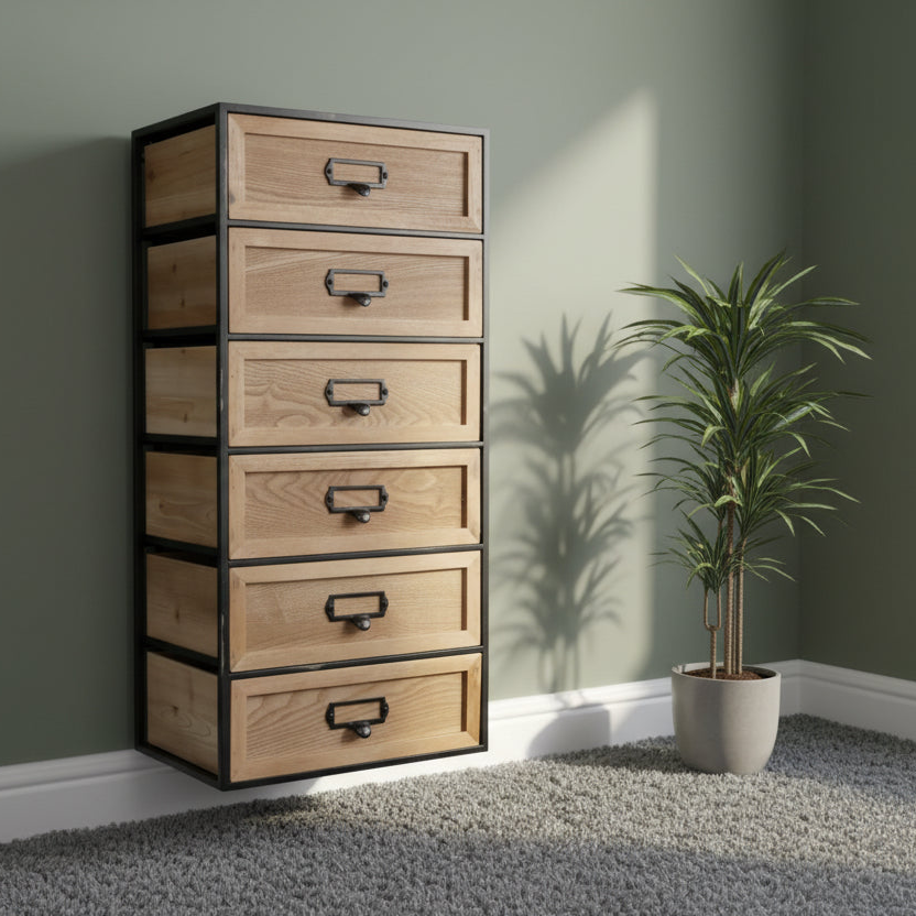 Wooden drawer unit with black frames against a green wall with a plant.