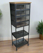 Tall metal storage unit with glass panels on wheels against a white wall with two potted plants.