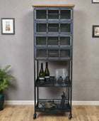 Tall metal shelving unit with glass doors in a room with a plant and framed pictures on the wall.