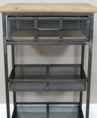 Metal shelving unit with wooden top against a white wall