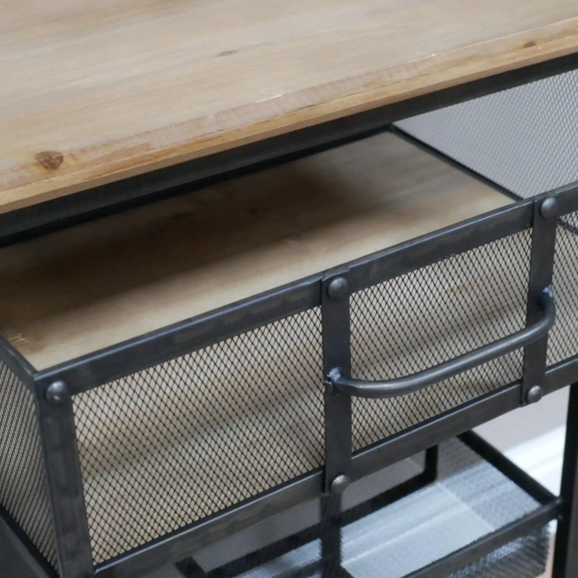 Wooden desk with metal mesh storage drawers