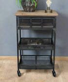Industrial-style metal shelf with wooden top in a room setting