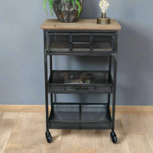 Industrial-style metal shelf with wooden top in a room setting