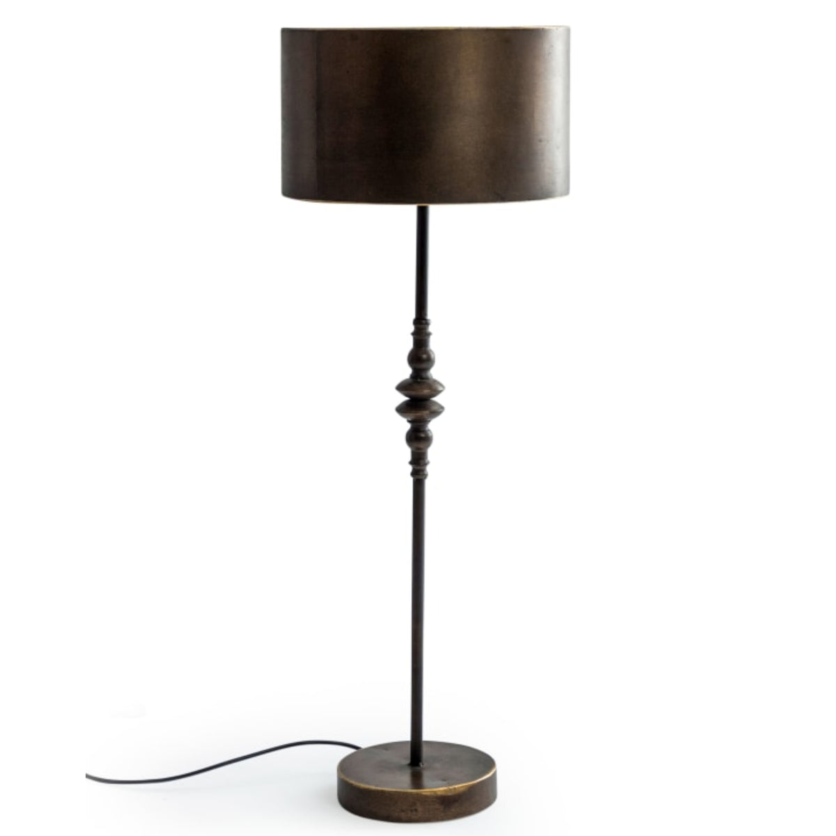 A table lamp with a dark bronze cylindrical shade, a matching dark metal stem with decorative bead details, and a round base, shown on a white background with its power cord visible.