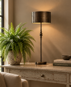 A dark bronze table lamp with a cylindrical shade and ornate stem base stands on a distressed white console table in a warm, styled room. A potted green fern in a speckled ceramic pot sits to the left, and a stack of two books and a small bowl sit to the right.