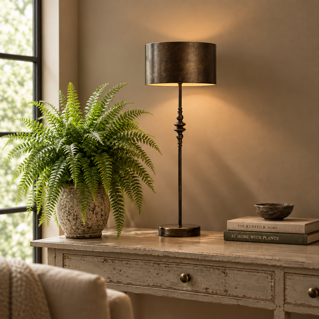 A dark bronze table lamp with a cylindrical shade and ornate stem base stands on a distressed white console table in a warm, styled room. A potted green fern in a speckled ceramic pot sits to the left, and a stack of two books and a small bowl sit to the right.