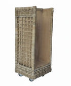 Wicker laundry basket with wheels on a white background