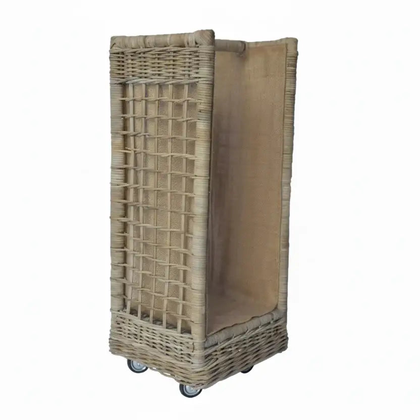 Wicker laundry basket with wheels on a white background
