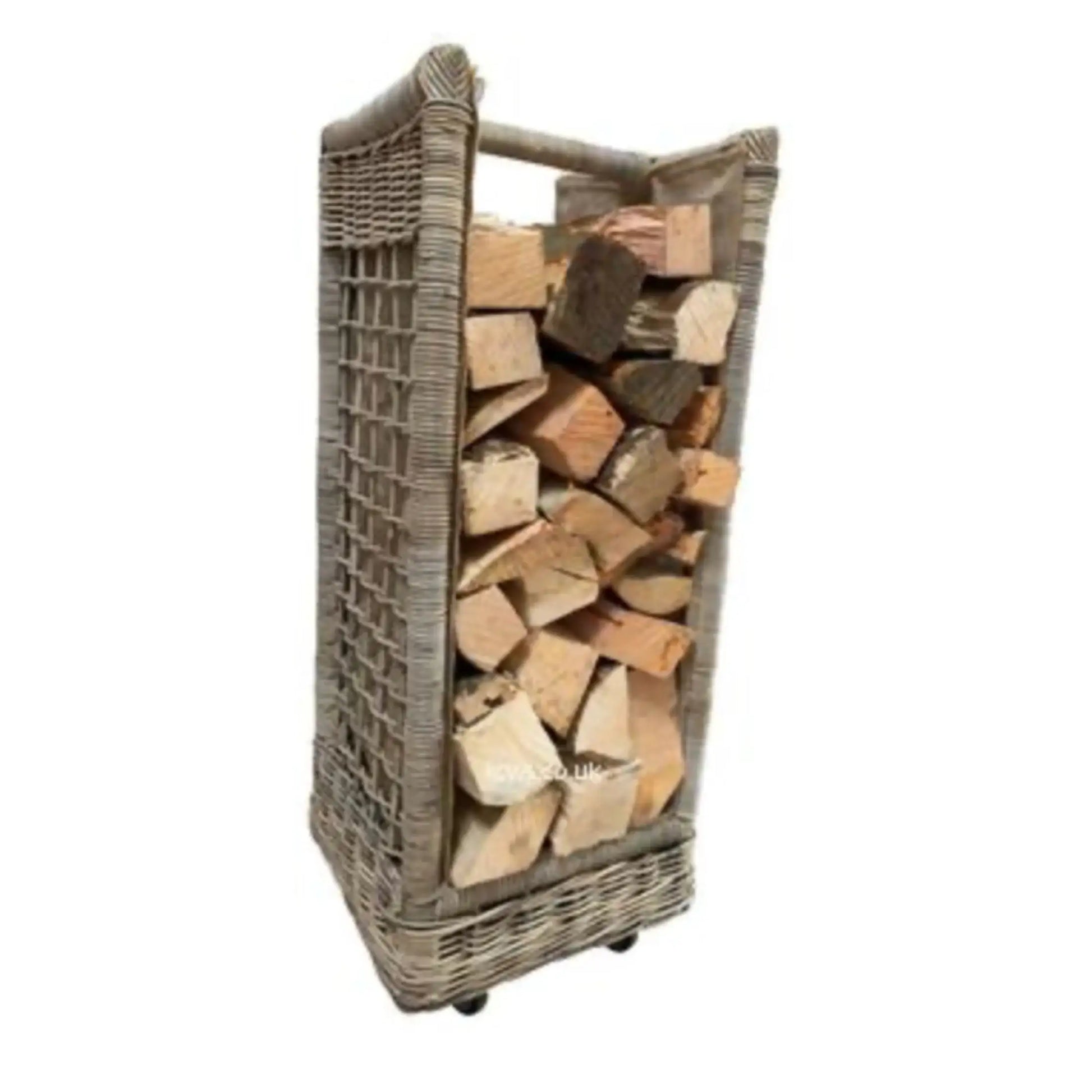 Wicker firewood holder with stacked firewood on a white background
