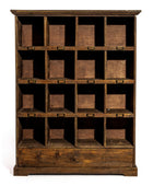 A vintage dark brown wooden storage cabinet with multiple open cubbies and a bottom drawer, photographed against a plain white background.
