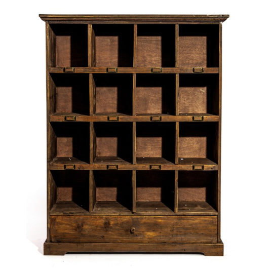A vintage dark brown wooden storage cabinet with multiple open cubbies and a bottom drawer, photographed against a plain white background.